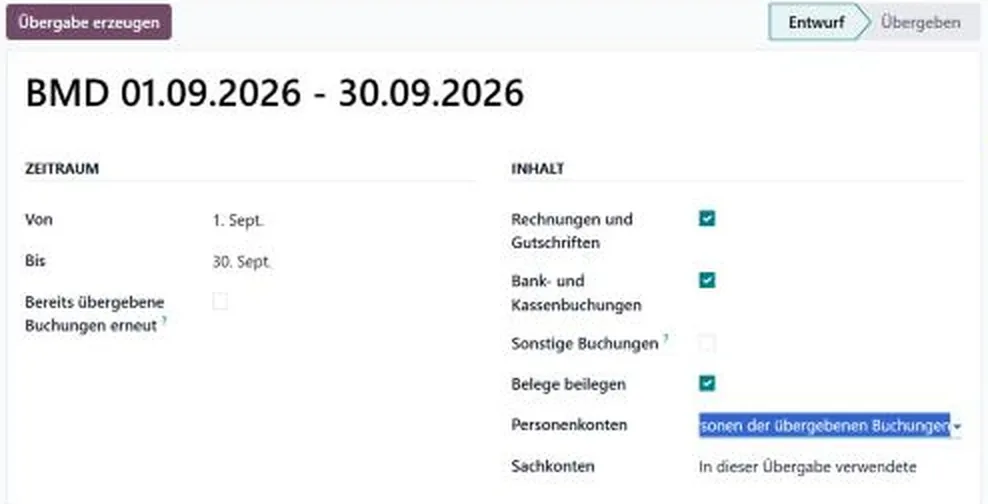 BMD-Übergabe für einen Zeitraum: Rechnungen, Bank- und Kassenbuchungen, Belege