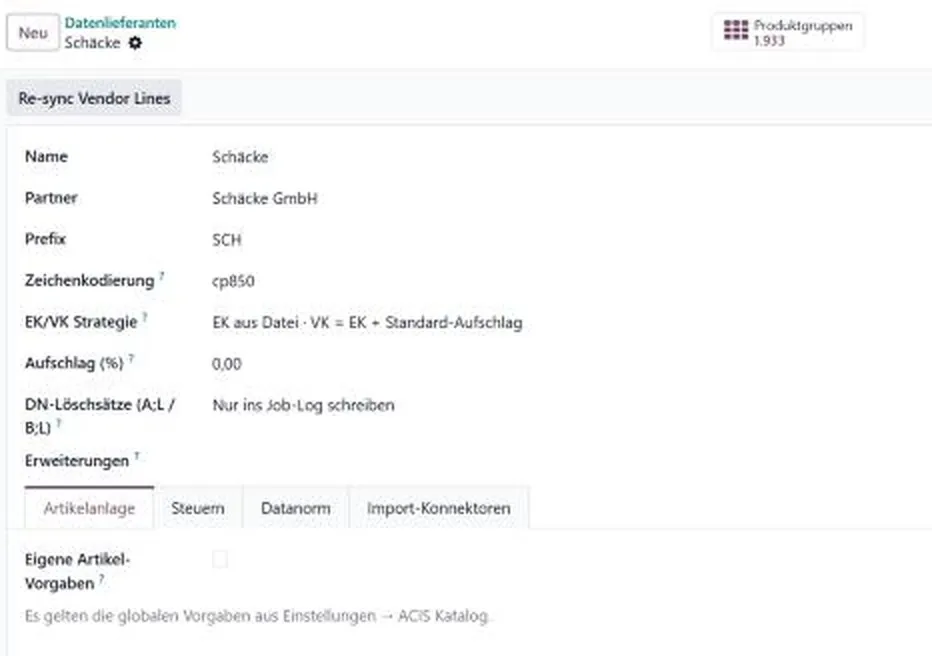 Einstellungen zum Datenlieferanten