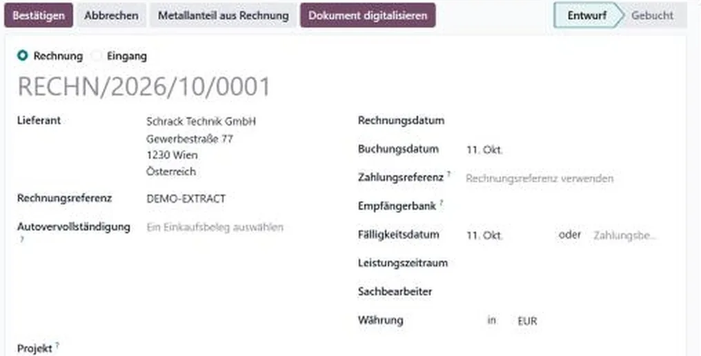 Eingangsrechnung mit „aus PDF auslesen“