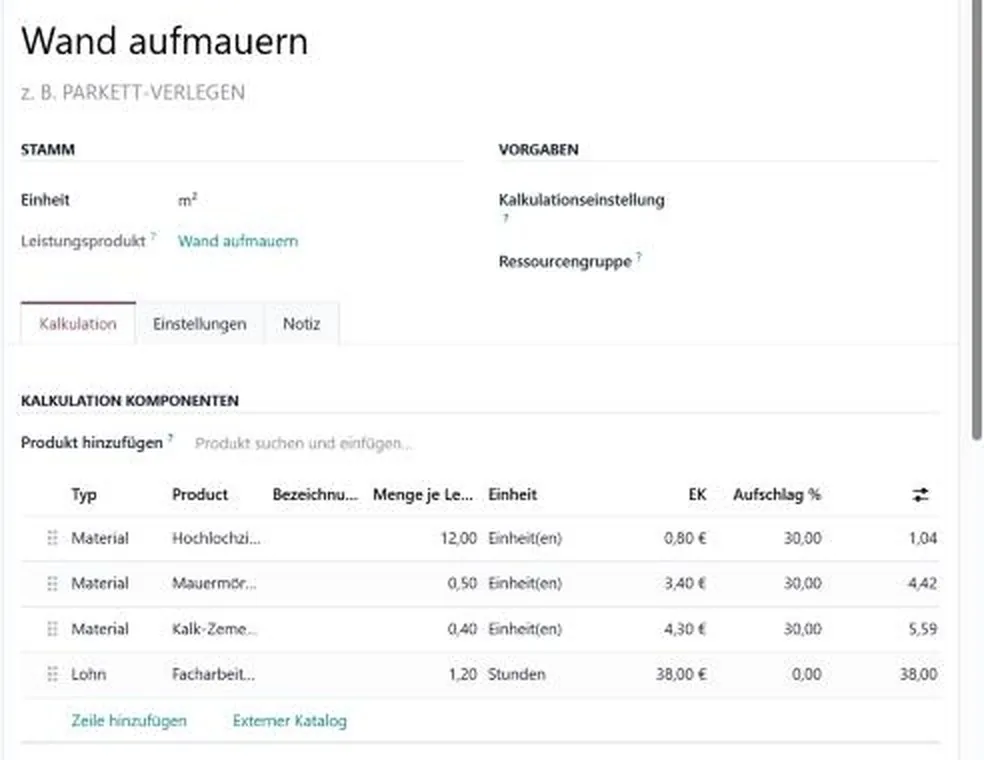 Leistung mit Material- und Lohnkomponenten