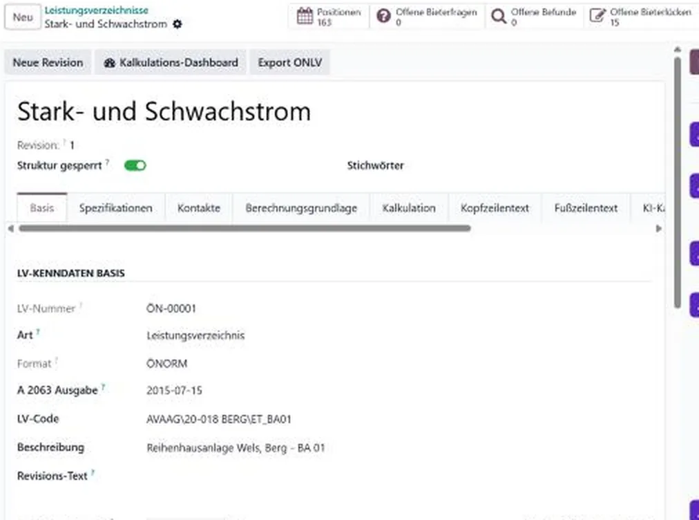 ÖNORM-Leistungsverzeichnis: Format, Kennzahlen, Bieterlücken, Export ONLV