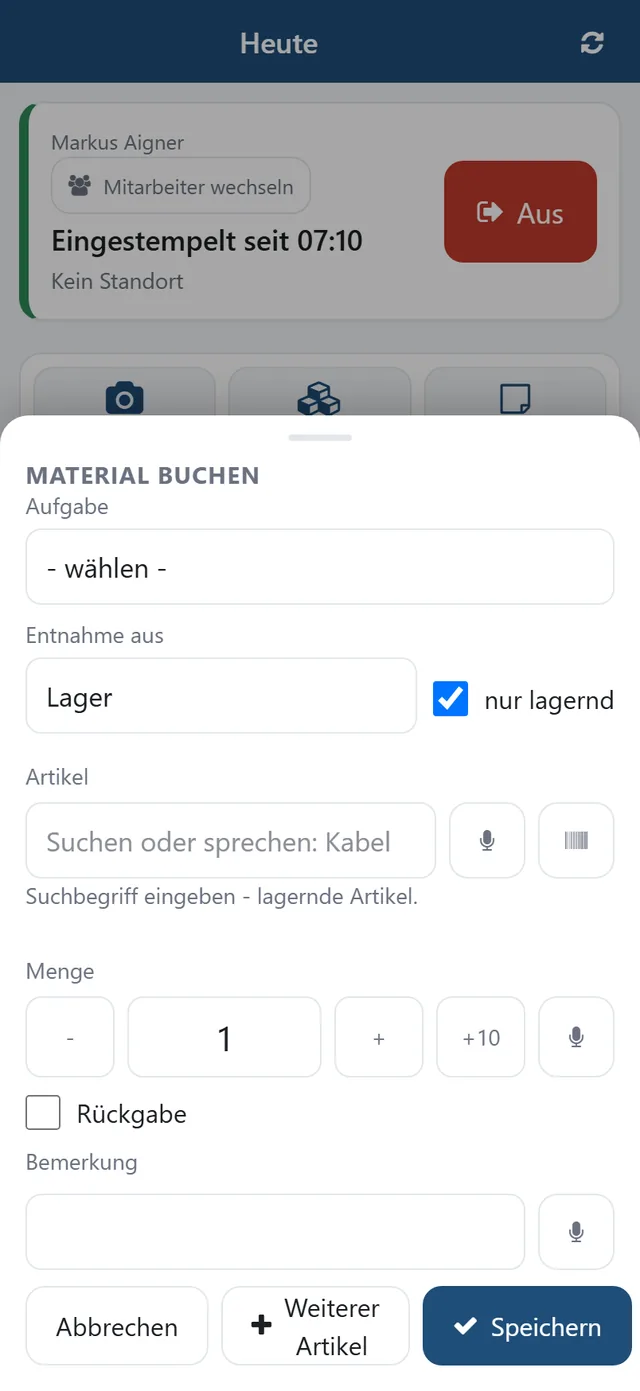 Material buchen: Artikel suchen oder scannen, Lagerort und Menge