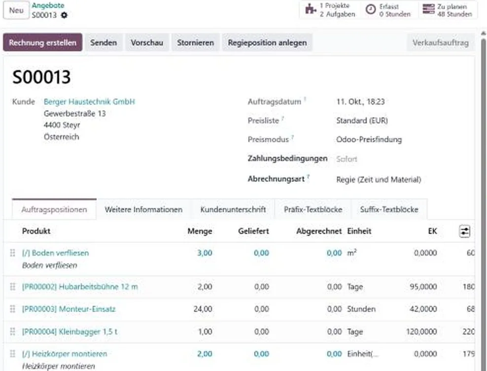 Auftragszeilen mit Ressourcenkennzeichen: Hubarbeitsbühne, Monteur, Kleinbagger