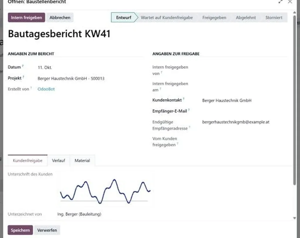 Bautagesbericht mit Kundenunterschrift und Freigabe-Ablauf