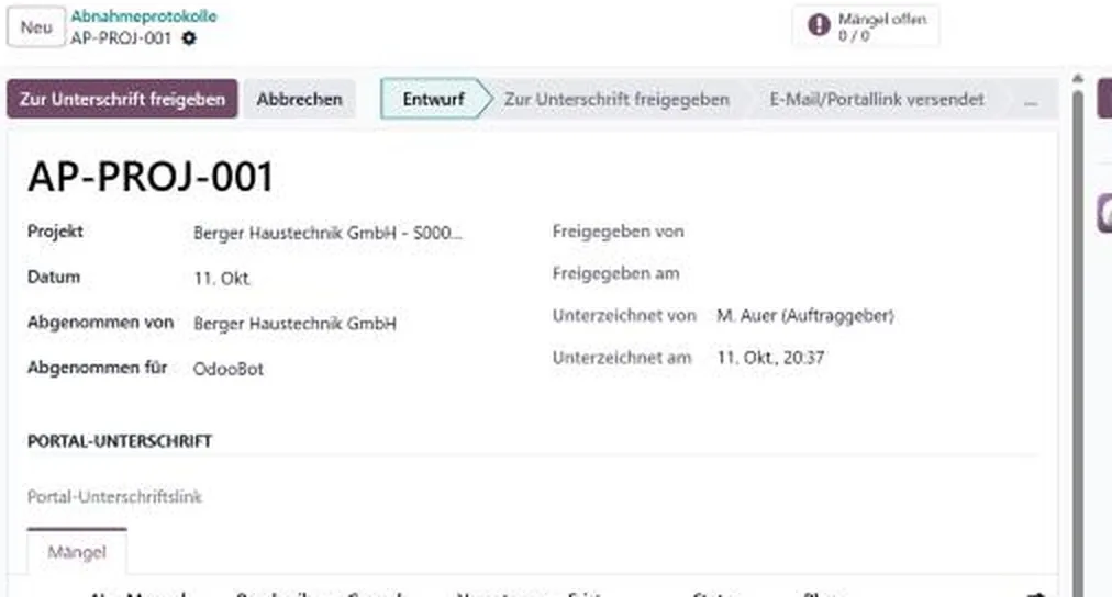 Abnahmeprotokoll mit Unterschrift