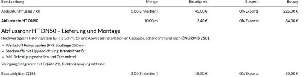 Gedrucktes Angebot mit formatierter Positionsbeschreibung