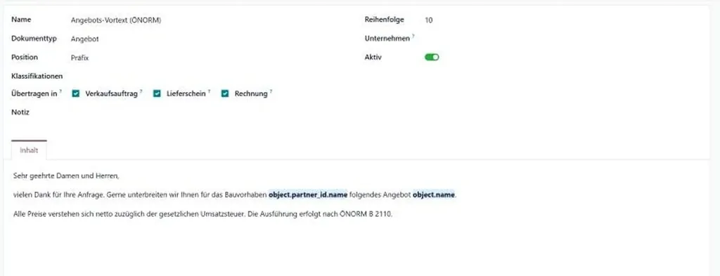 Textbaustein mit Platzhaltern