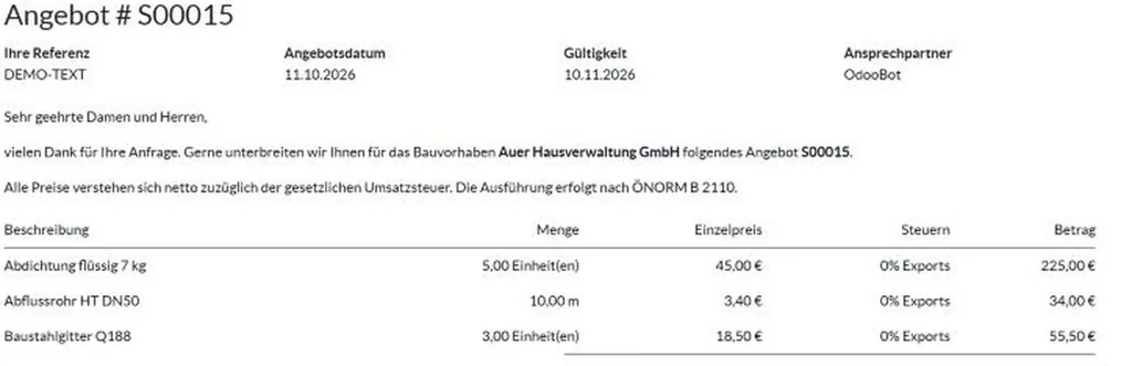 Angebot mit eingefügtem Vor- und Nachtext